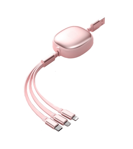 Cablu Retractabil Universal pentru Telefon, Flippy, Universal 3in1 pentru Orice Tip de Telefon, Micro-USB, Lightning, TYPE-C, 1.2M, Roz