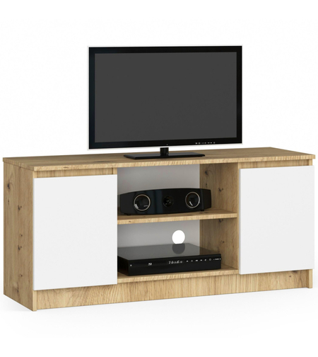 Comoda TV cu 2 usi si o polita, PAL laminat 16 mm, 120x40x55 cm, stejar artisan si alb