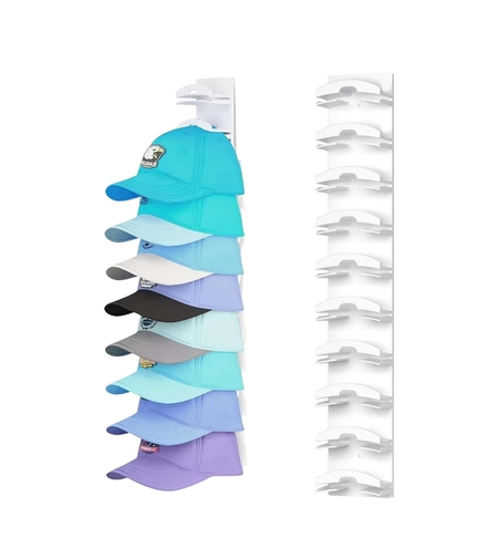 Suport pentru Sepci, Flippy, pentru Perete, Organizator pentru 10 Palarii, Constructie Verticala, Montaj cu Banda Adeziva sau Suruburi, Economisire Spatiu, 35.5 x 6 x 3.3 cm, Alb