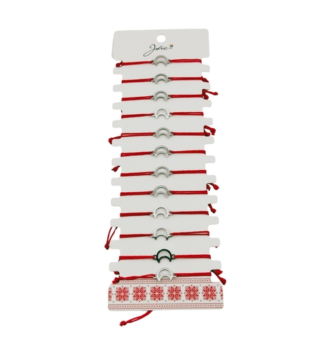 Bratara Martisor pentru Dama, Jolie, Model Semiluna, Set 12 bucati, Pandativ Argintiu din Inox cu Snur Rosu Ajustabil