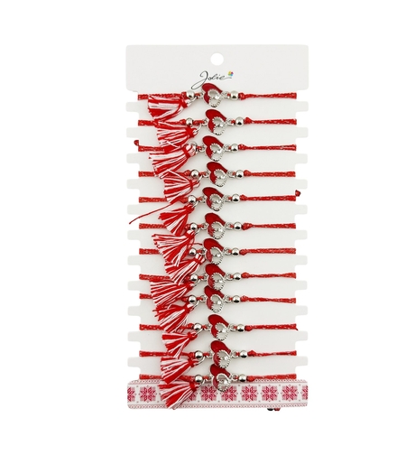 Martisor Bratara cu Ciucure pentru Dama, Jolie, Model Doua Inimi, Set 12 bucati, Pandativ din Inox cu Piatra, Snur Reglabil, Rosu/Alb