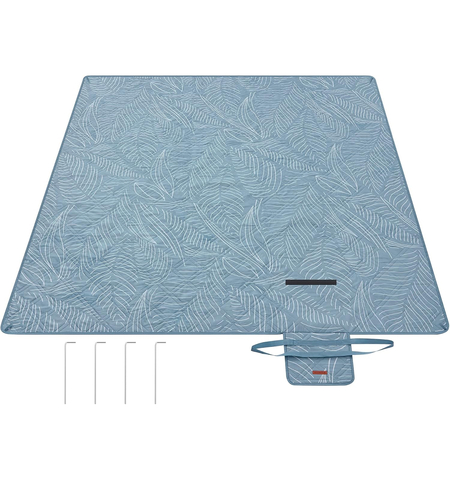 SONGMICS Patura picnic impermeabila 200x200 cm, cu ancore de fixare, pliabila, lavabila, multistrat, albastru cu model frunze