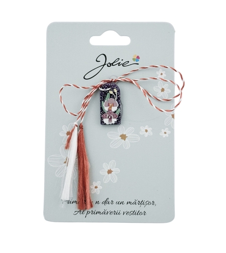 Martisor Traditional din Acril, Jolie, Model Orhidee, cu Snur Impletit Alb/Rosu, Pandantiv 2 cm, Albastru/Alb