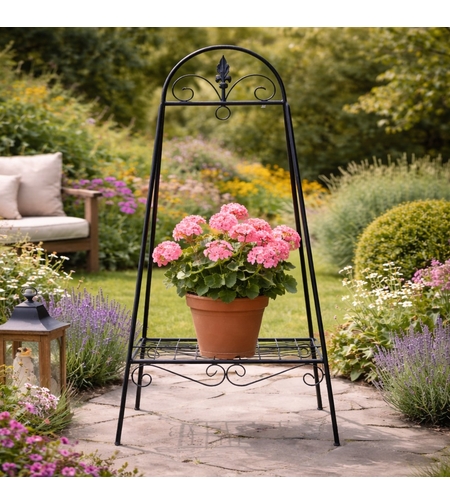 Suport flori metalic pentru ghivece, structura metalica, 49x40x99 cm, negru