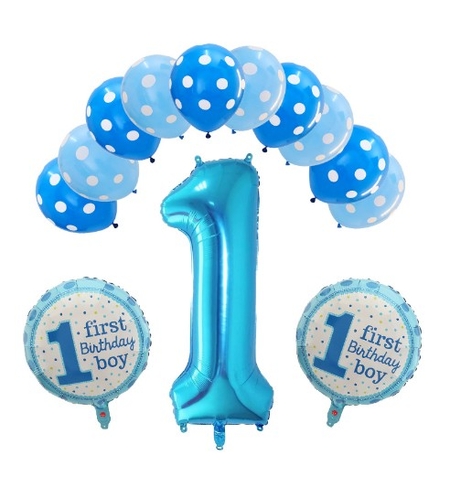 Set 13 baloane, pentru Prima Aniversare, 10 baloane latex, 2 baloane rotunde folie, cifra 1, albastru