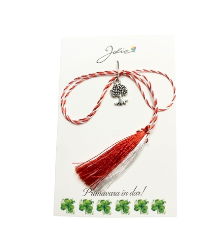 Martisor Traditional, Jolie, Model Copac, cu Snur Impletit Alb/Rosu, 8.5 x 5.5 cm, Argintiu