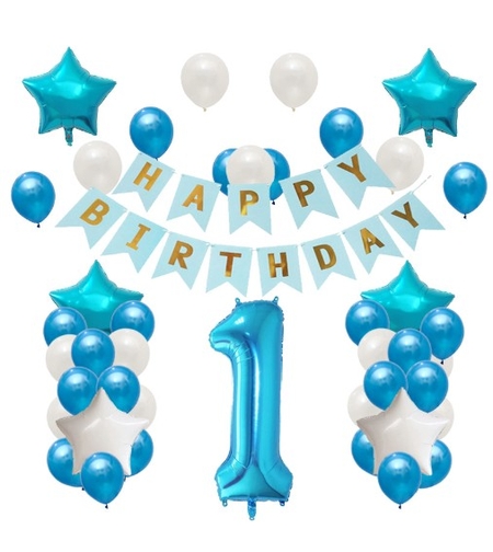 Set Baloane Aniversare HAPPY BIRTHDAY, Vafy, set din 42 bucati, 1 bucata cifra mare, 4 stele din folie aluminiu, 37 simple din latex, Baby Boy, 60 cm Albastru