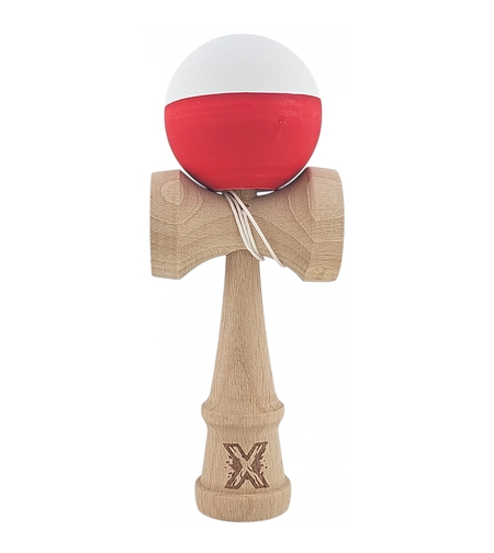 Kendama X Originala, Profesionala, Flippy, din Lemn, Rubber Grip, 18 cm, Alb/Rosu
