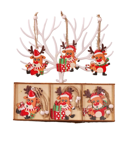 Set 9 Decoratiuni de Craciun din Lemn, Flippy, cu Snur pentru Agatare in Brad, Model Reni, 3 Modele, Diferite Dimensiuni, Multicolor