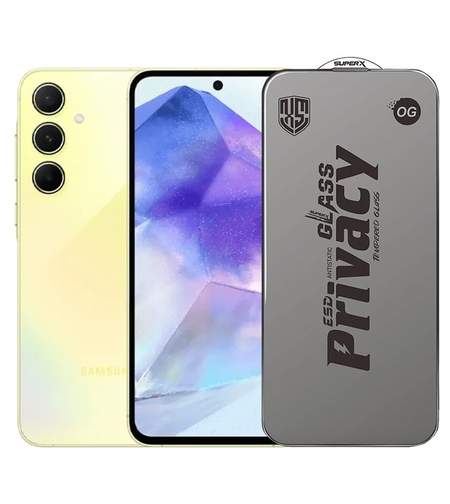 Folie de Protectie pentru Samsung Galaxy A55, Vafy, Sticla Securizata ESD Antistatica, Super-X Privacy OG, Margini Negre, 0.30 mm, Transparent Inchis