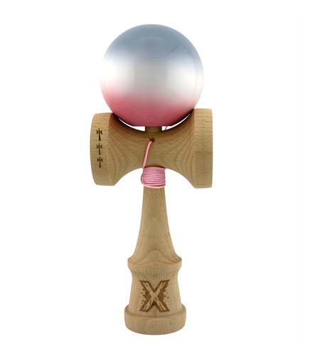 Kendama X Originala, Profesionala, Flippy, Big Cups V2, Super Sticky Cupe Mari, Rulment Metalic cu Ata 55 cm, Gradient Roz/Alb/Gri