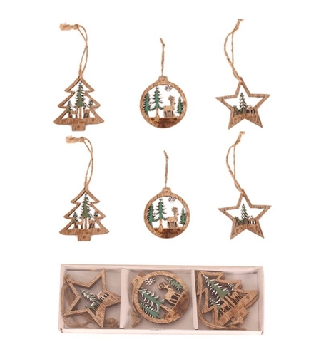 Set 6 Decoratiuni de Craciun din Lemn, Flippy, cu Snur pentru Agatare in Brad, Model Brad, Glob si Steluta, Verde