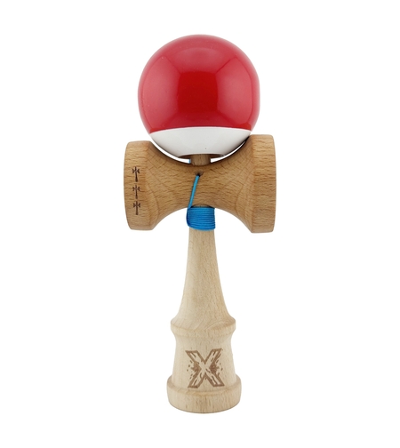 Kendama X Originala, Profesionala, Flippy, Big Cups V2, Super Sticky cu Cupe Mari, din lemn 18 cm, Rulment Metalic cu Ata 55 cm, Rosu/Alb