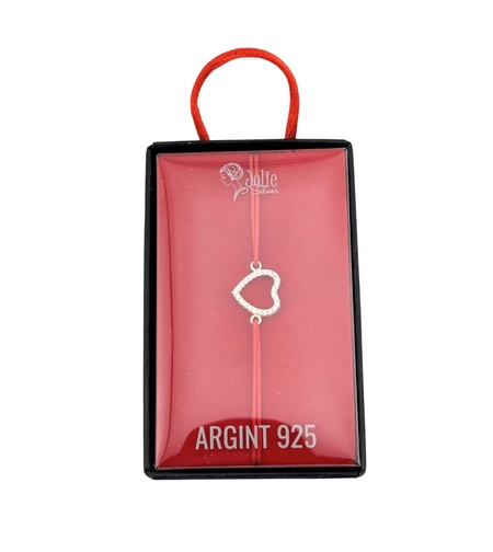Bratara Snur Reglabil, Jolie Silver, pentru Dama, Pandantiv din Argint 925, Model Inima Contur cu Pietre Mici din Zirconii, 1 x 1 cm, Argintiu/Rosu