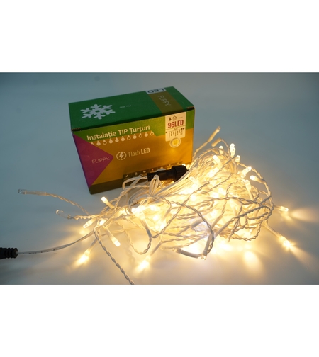 Instalatie de Craciun Flippy® Tip Turturi, Franjuri cu Flash, Sectiune 3 m, 96 LED-uri, Interconectabila, Fir Alb, Alb Cald, Atentie ! Necesita Alimentator 31 V, Cod:11419