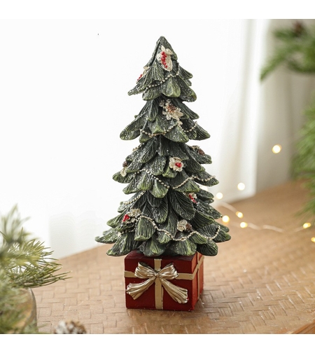 Ornament Decoratiune de Craciun, Flippy, Decoratiune Mica pentru Craciun din Rasina, Model Brad Impodobit cu Cadouri, 26.5 x 13 x 13 cm, Verde