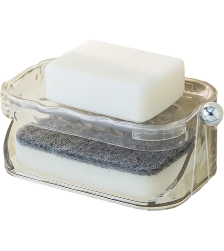 Savoniera Dubla, Flippy, 2 Straturi, Instalare fara Perforare, Agatatoare Burete, 13.5 x 8.5 x 6 cm, Transparent