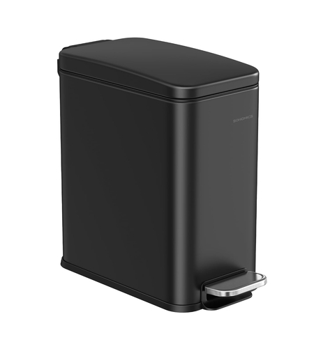 SONGMICS Cos de gunoi cu pedala, potrivit pentru baie, capac soft-close si galeata detasabila, otel inoxidabil, 5 litri, 30x14x29 cm, negru