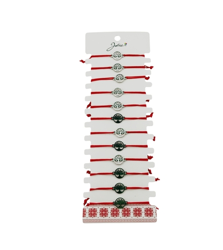 Bratara Martisor pentru Dama, Jolie, Model Copac in Cerc, Set 12 bucati, Pandativ Argintiu din Inox cu Snur Rosu Ajustabil