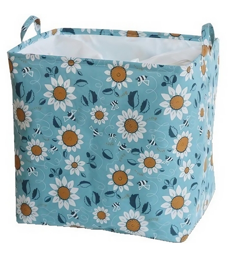Cos depozitare, Flippy, Capac cu Snur, 175 L, Confectionat din Bumbac si un Strat Impermeabil, 50 x 50 x 70 cm, Albastru Deschis, Imprimeu Flori