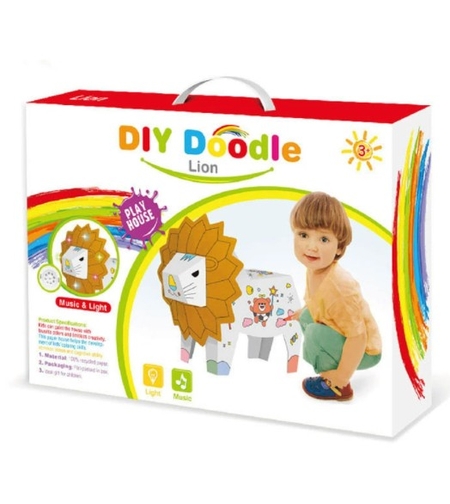 Jucarie Educativa pentru Copii, Flippy, Model Leu 3D, Puzzle 3D de Asamblat si Colorat din Carton, Educativ, 41 x 12 x 33 cm, 3+ ani, Maro/Alb