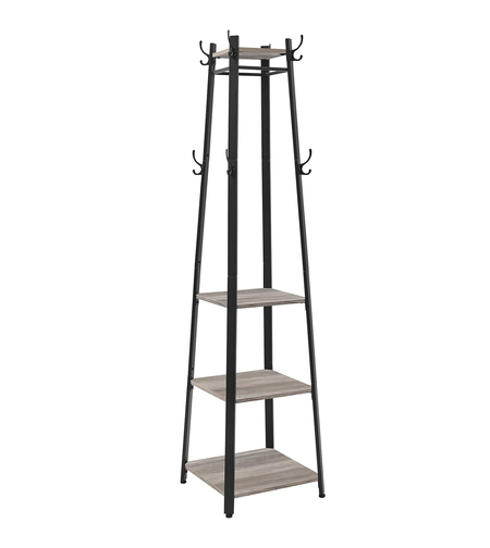 VASAGLE Cuier de haine cu 3 rafturi, suport cu carlige, din otel, 43x43x180 cm, stil industrial, gri si negru