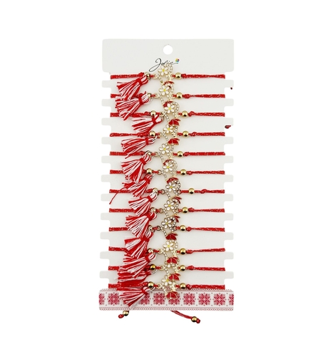 Martisor Bratara cu Ciucure pentru Dama, Jolie, Model Inima cu Margareta, Set 12 bucati, Pandativ din Inox cu Pietre, Snur Reglabil, Rosu/Alb