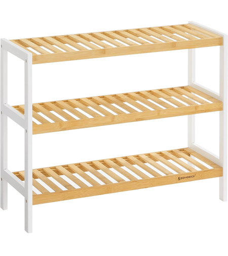 SONGMICS Raft de depozitare din bambus, cu 3 niveluri, 26x70x55cm, alb si maro