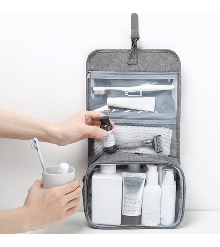 Geanta cosmetice voiaj, Flippy, material panza, impermeabil, 3 compartimente, cu agatatoare, Gri, 47 x 28 x 20 cm