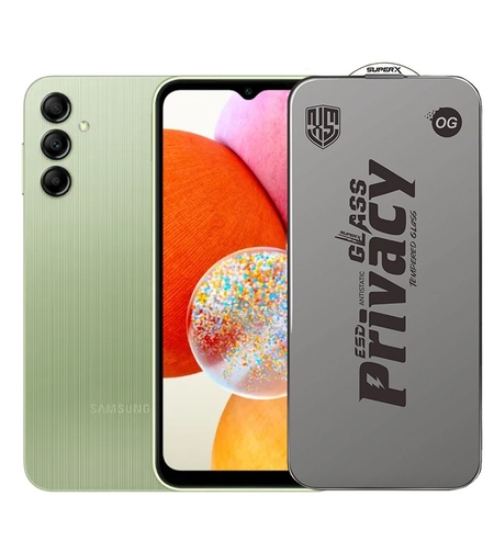 Folie de Protectie pentru Samsung Galaxy A14, Vafy, Sticla Securizata ESD Antistatica, Super-X Privacy OG, Margini Negre, 0.30 mm, Transparent Inchis