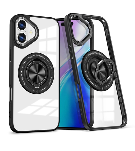 Husa de Protectie TPU, Vafy, pentru iPhone 16, Anticadere, cu Incarcare Wireless, Tehnologie Magsafe, Inel Magnetic Rotativ cu Functie de Suport, Transparent-Negru