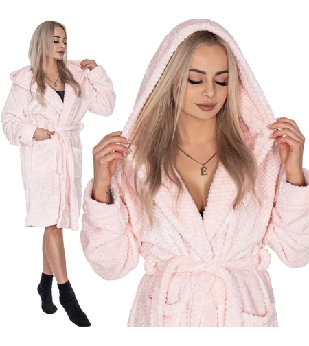 Halat de baie pentru femei pana la genunchi, cu gluga, marimea L/XL, roz