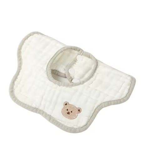 Baveta Tip Floare, Flippy, din Bumbac, pentru Copii 0-12 Luni, Rezistenta la apa, 8 Straturi, Model Tricotat cu Ursulet, 26 x 29 cm, Alb