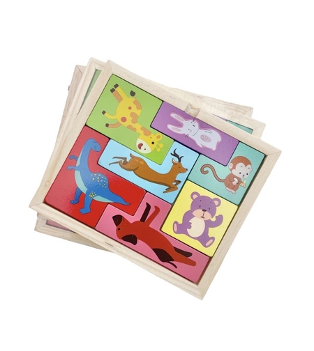 Puzzle din Lemn Flippy, Tip Tetris, +4 Ani, cu Animale Colorate 3D, 7 Piese, Multicolor