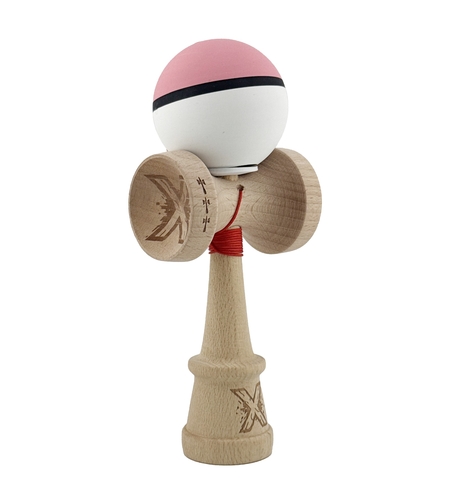 Kendama X Originala, Profesionala, Flippy, Cupe Mari KING SIZE V3, Rubber Grip, Gaura in Baza, Rulment Metalic, din lemn 18 cm, Ata 62/65 cm, S Bicolor Roz/Alb