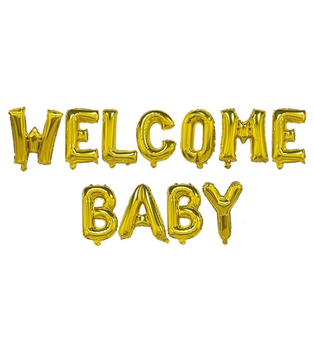 Set Baloane din Folie Metalizata, Flippy, Model Welcome Baby, Litere de 40 cm, Baloane Party, Ambalaj Individual, Pai, Ata si Adeziv Incluse, Umflare cu Aer sau Heliu, Auriu