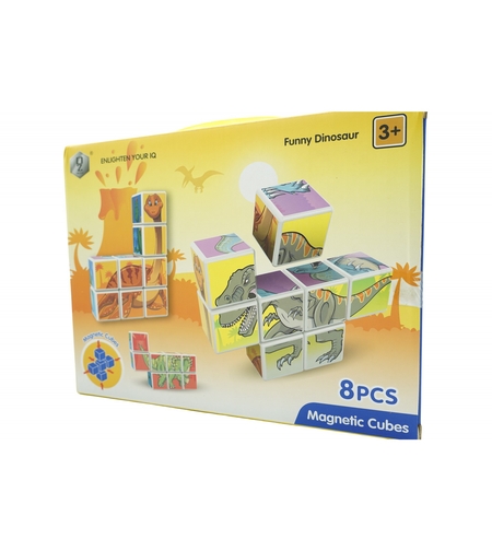 Set inteligent de cuburi magnetice pentru copii, 8 piese, cutie depozitare, puzzle dinozauri, +3 ani, multicolor