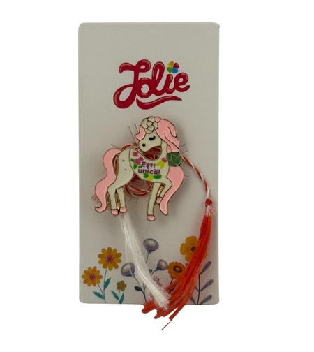 Martisor pentru copii, Jolie, Material Metal, Ambalaj Carton cu Design, Dimensiune Brosa Aproximativ 2x2 cm, Multicolor, cu Mesaj, Model Unicorn