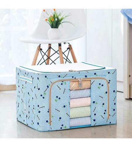 Cutie de Depozitare Pliabila, Flippy, 66 L, din Tesatura Oxford, 50x40x33 cm, Fereastra Frontala, 2 Usi de Acces cu Fermoar Bidirectional, Cadru Metalic, Suport Baza Stabil din Plastic, Imprimeu Cirese, Albastru