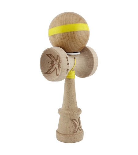 Kendama X Originala, Profesionala, Flippy, Super Sticky, Cupe Mari KING SIZE V3, Gaura in Baza, Rulment Metalic, din lemn 18 cm, Ata 62/65 cm, Original Galben