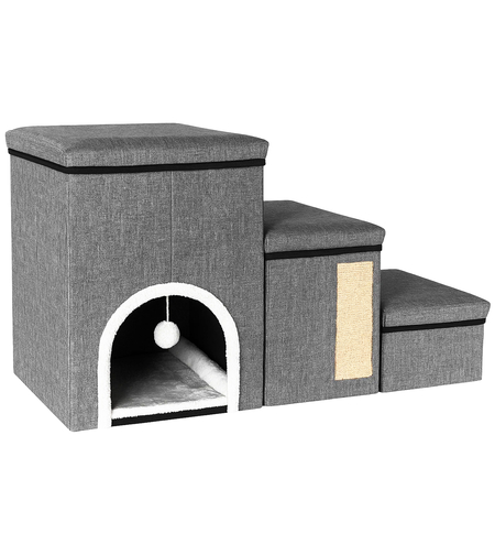 Ansamblu de zgariat pentru pisici 3in1 cu trepte, casuta si panou sisal, 33x76x42 cm, gri