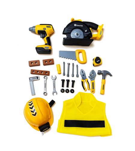 Set unelte pentru copii cu bormasina, fierastrau, casca luminata si vesta de constructor, 29x27x21 cm