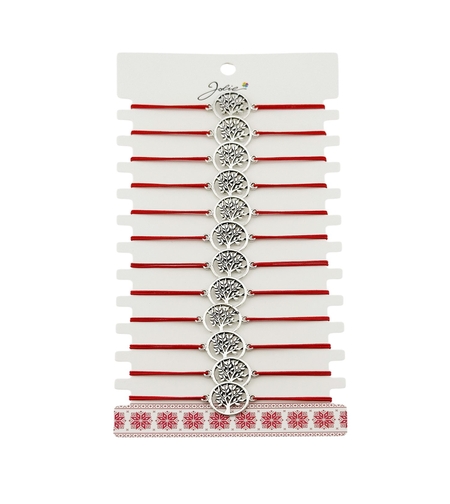 Martisor Bratara Elastica cu Pandantiv din Inox, Jolie, pentru Dama, Set 12 bucati, Snur Rosu Textil, Model Pomul Vietii