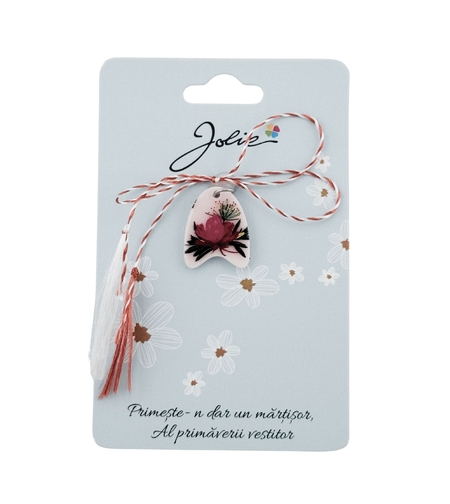 Martisor Traditional din Acril, Jolie, Model Floare Roz, cu Snur Impletit Alb/Rosu, Pandantiv 2 cm, Rosu/Alb