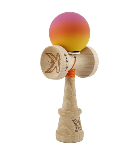 Kendama X Originala, Profesionala, Flippy, Rubber Grip, Cupe Mari KING SIZE V3, Gaura in Baza, Rulment Metalic, din lemn 18 cm, Ata 62/65 cm, Roz/Portocaliu/Galben