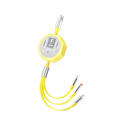 Cablu Retractabil 3in 1 pentru Telefon, Flippy, Cablu de incarcare rapida 100W, stil Mecha, potrivit pentru Auto, Universal 1.2M, Galben