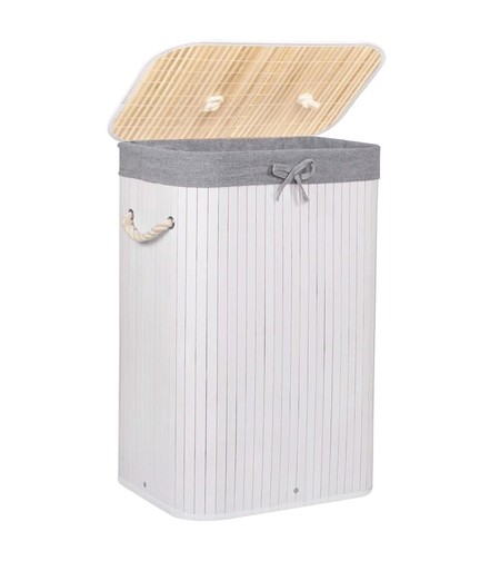 Cos de rufe cu capac, din bambus cu sac textil detasabil, 72 litri, 40x28x60 cm, alb si gri