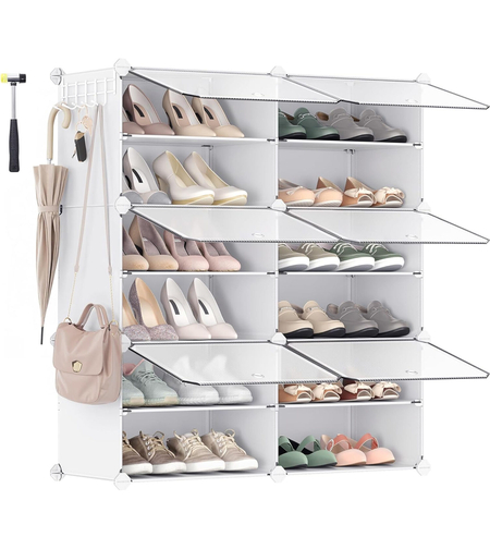 SONGMICS Dulap pantofi modular 6 compartimente, cu usi si cadru metalic, organizator incaltaminte, 32x124x94 cm, alb