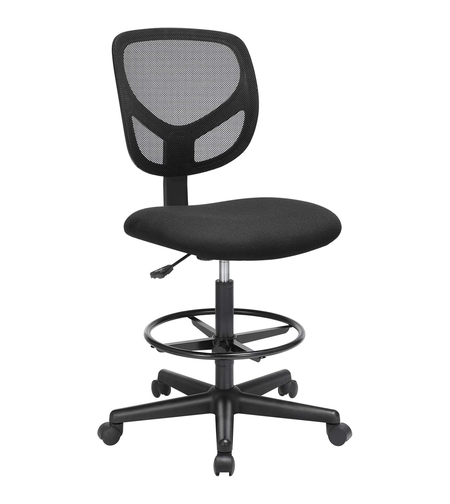 SONGMICS Scaun de birou inalt pentru atelier sau studio, fara brate, cu suport picioare, reglabil pe inaltime, 64x64x117 cm, negru