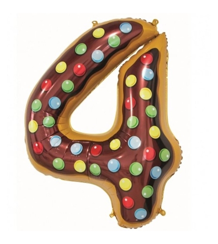 Balon din Folie Metalizata Flippy, Figurina Cifra, Imprimeu Gogosi, Tema Aniversare 100 cm, Ambalaj Individual, Pai inclus, Umflare cu Aer sau Heliu, Multicolor, Cifra 4